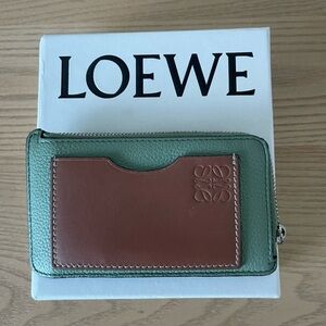 Loewe Mint Green Pebbled Leather Zip Card Wallet with Brown Pocket